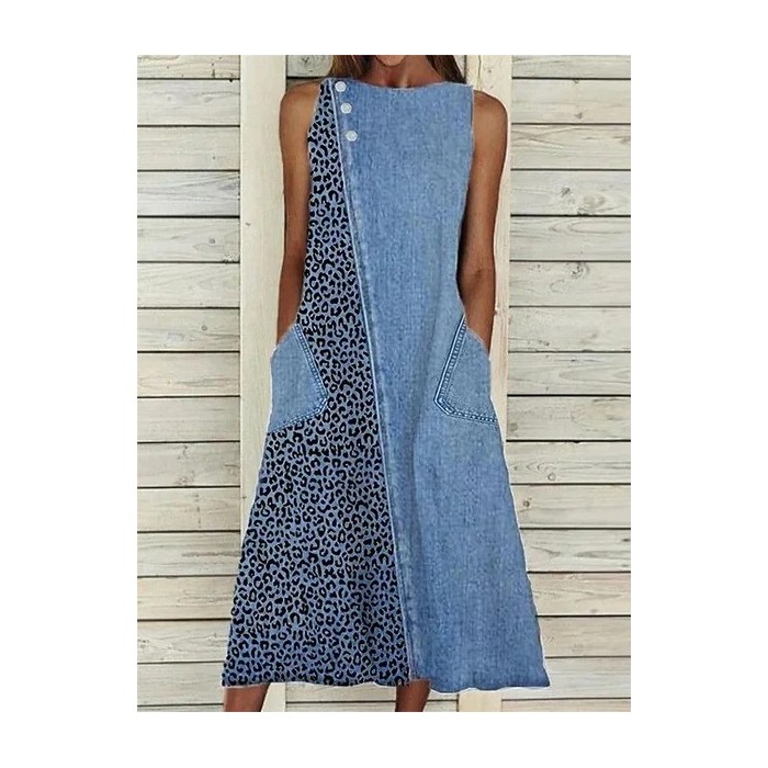 Women Leopard Sleeveless Summer Printing Dress Crew Neck Daily Casual Maxi Fit & Flare Dress H-Line Dress