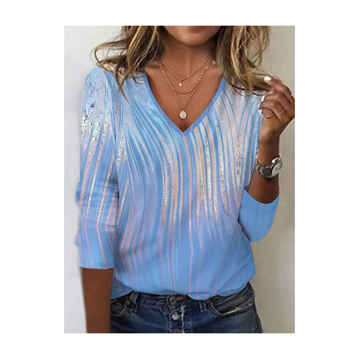 Women Abstract Long Sleeve Tee T-shirt V Neck Printing Casual Graphic Tee Spring/Fall Top