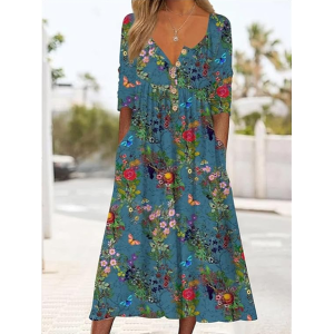 Women Floral Half Sleeve Summer Printing Dress Half Open Collar Daily Casual Maxi A-Line Dress