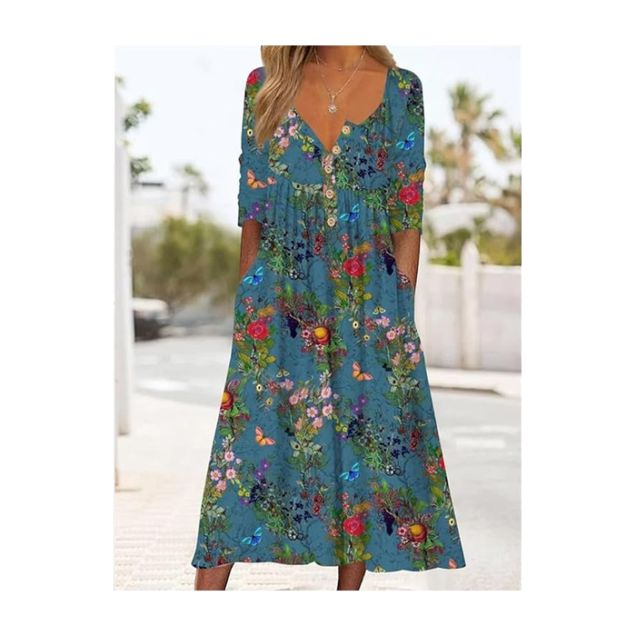 Women Floral Half Sleeve Summer Printing Dress Half Open Collar Daily Casual Maxi A-Line Dress