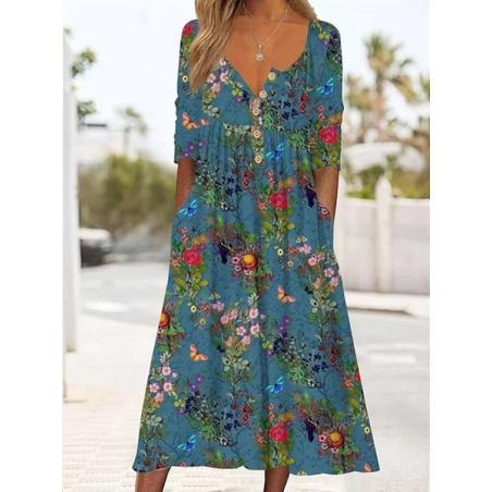 Women Floral Half Sleeve Summer Printing Dress Half Open Collar Daily Casual Maxi A-Line Dress