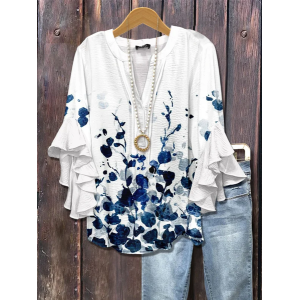 Women Floral Half Sleeve Shirt Summer Printing V Neck Daily Casual Top