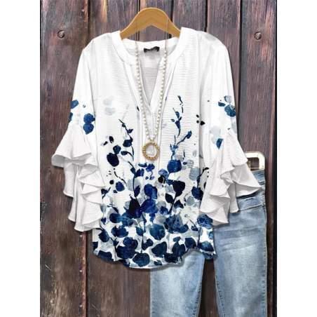 Women Floral Half Sleeve Shirt Summer Printing V Neck Daily Casual Top