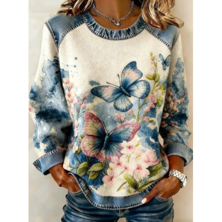 Women Floral Crew Neck Printing Vintage Spring/Fall Long Sleeve Sweatshirt