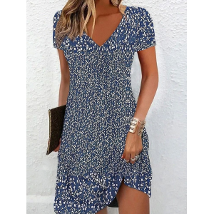 Women Ditsy Floral Short Sleeve Summer Printing Dress V Neck Daily Casual Knee Length T-Shirt Dress H-Line Dress