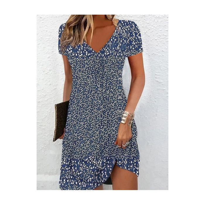 Women Ditsy Floral Short Sleeve Summer Printing Dress V Neck Daily Casual Knee Length T-Shirt Dress H-Line Dress
