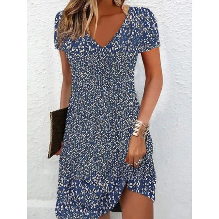 Women Ditsy Floral Short Sleeve Summer Printing Dress V Neck Daily Casual Knee Length T-Shirt Dress H-Line Dress