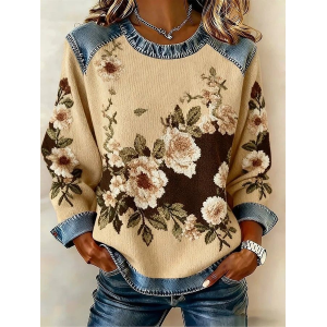 Women Floral Crew Neck Printing Vintage Spring/Fall Long Sleeve Sweatshirt