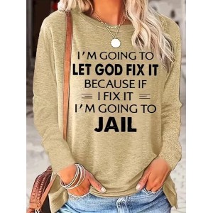 Women Text Letters Long Sleeve Tee T-shirt Crew Neck Printing Casual Graphic Tee Spring/Fall Top