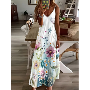 Women Floral Sleeveless Summer Printing Dress V Neck Daily Casual Maxi Slip Dress X-Line Dress