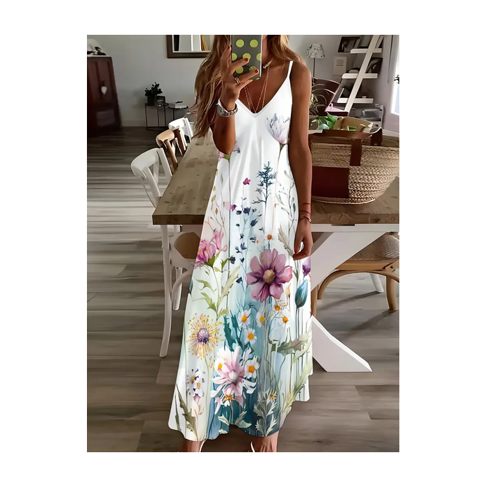 Women Floral Sleeveless Summer Printing Dress V Neck Daily Casual Maxi Slip Dress X-Line Dress