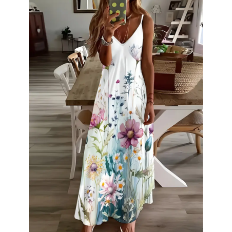 Women Floral Sleeveless Summer Printing Dress V Neck Daily Casual Maxi Slip Dress X-Line Dress