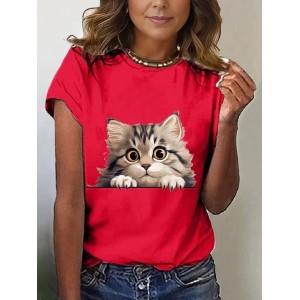 Women's Short Sleeve Tee T-shirt Summer Cat Cotton-Blend Crew Neck Daily Going Out Casual Top