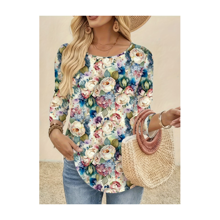 Women Floral Long Sleeve Tee T-shirt Crew Neck Printing Casual Graphic Tee Spring/Fall Top