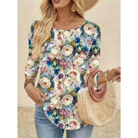 Women Floral Long Sleeve Tee T-shirt Crew Neck Printing Casual Graphic Tee Spring/Fall Top