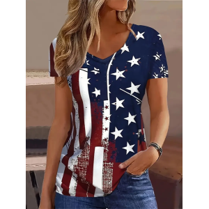 Women Independence Day (Flag) Short Sleeve Tee T-shirt V Neck Printing Casual Summer Graphic Tee Top