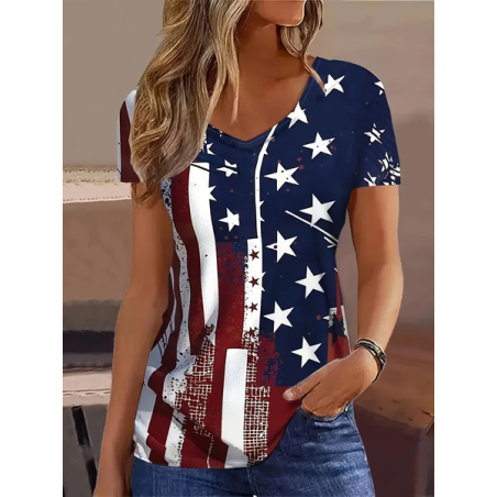 Women Independence Day (Flag) Short Sleeve Tee T-shirt V Neck Printing Casual Summer Graphic Tee Top