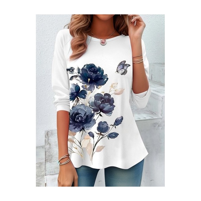 Women's Long Sleeve Tee T-shirt Spring/Fall Floral Printing Jersey Crew Neck Daily Going Out Casual Top