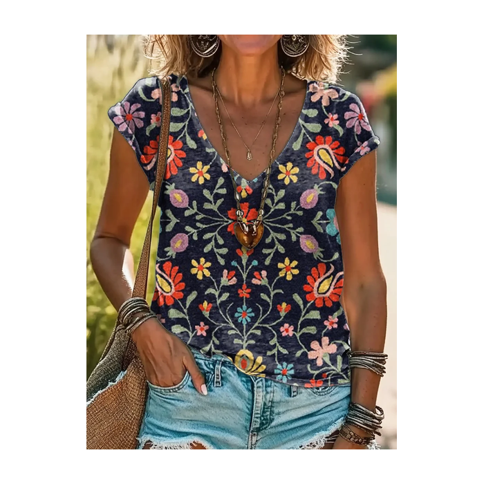 Women's Short Sleeve Tee T-shirt Summer Floral Printing V Neck Casual Graphic Tee Top