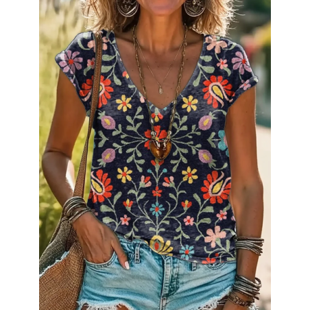 Women's Short Sleeve Tee T-shirt Summer Floral Printing V Neck Casual Graphic Tee Top