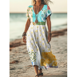 Women's Short Sleeve Summer Floral Printing Dress V Neck Daily Going Out Casual Maxi T-Shirt Dress H-Line Dress