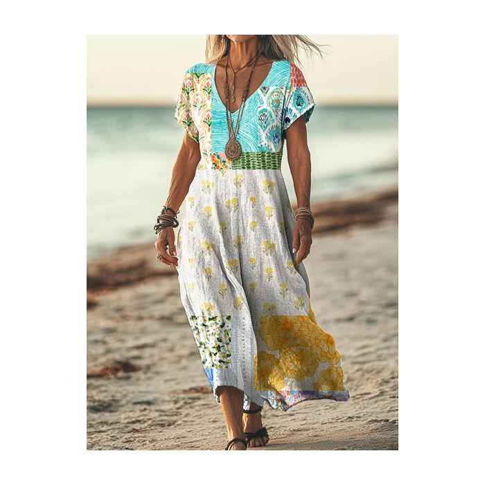 Women's Short Sleeve Summer Floral Printing Dress V Neck Daily Going Out Casual Maxi T-Shirt Dress H-Line Dress