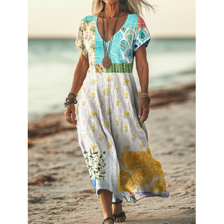 Women's Short Sleeve Summer Floral Printing Dress V Neck Daily Going Out Casual Maxi T-Shirt Dress H-Line Dress