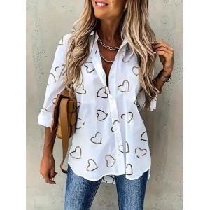 Women's Long Sleeve Shirt Spring/Fall Heart/Cordate Printing Shirt Collar Daily Going Out Casual Top