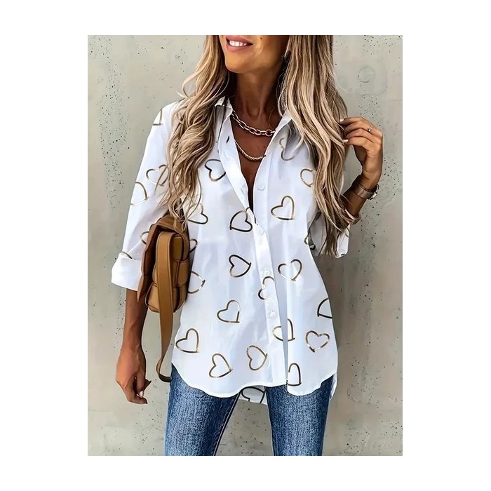 Women's Long Sleeve Shirt Spring/Fall Heart/Cordate Printing Shirt Collar Daily Going Out Casual Top