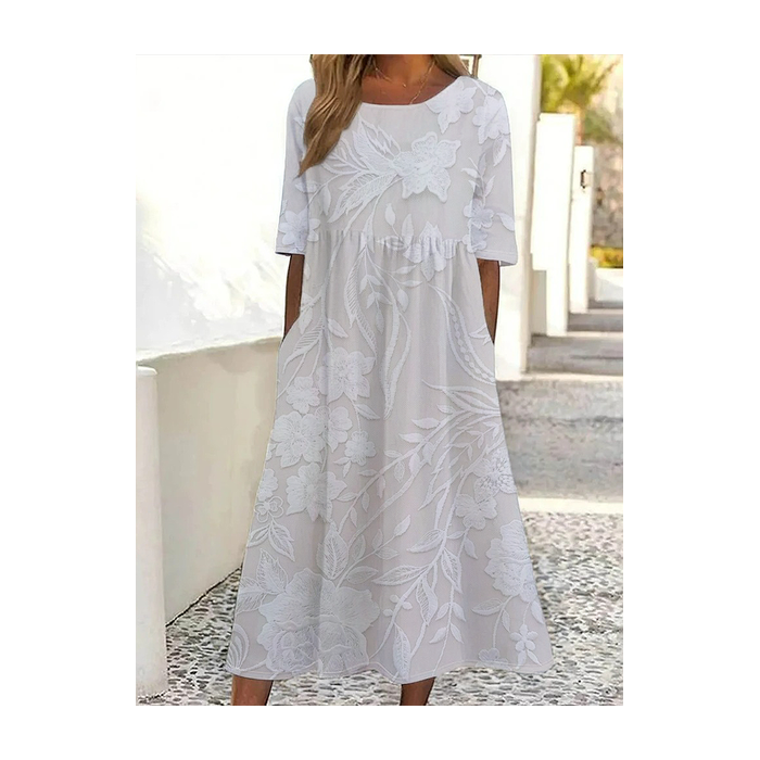 Women Floral Short Sleeve Summer Printing Dress Crew Neck Daily Casual Maxi Shift Dress H-Line Dress