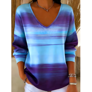 Women Abstract Long Sleeve Tee T-shirt V Neck Printing Casual Spring/Fall Top