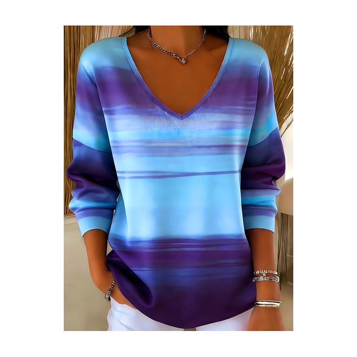 Women Abstract Long Sleeve Tee T-shirt V Neck Printing Casual Spring/Fall Top