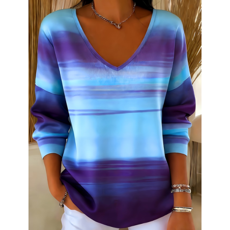 Women Abstract Long Sleeve Tee T-shirt V Neck Printing Casual Spring/Fall Top