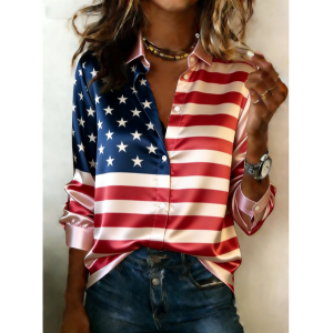 Women America Flag Shawl Collar Long Sleeve Shirt Casual Daily Spring/Fall Top