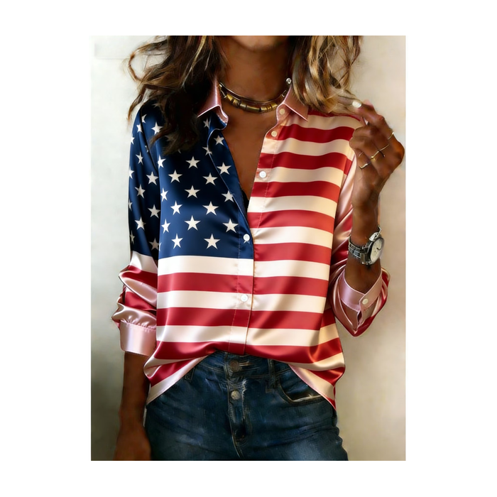 Women America Flag Shawl Collar Long Sleeve Shirt Casual Daily Spring/Fall Top