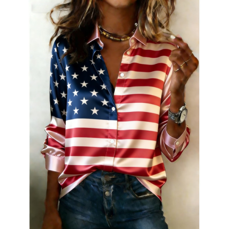 Women America Flag Shawl Collar Long Sleeve Shirt Casual Daily Spring/Fall Top