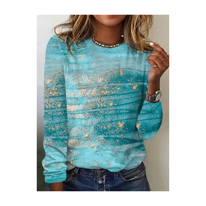 Women Abstract Long Sleeve Tee T-shirt Crew Neck Printing Casual Graphic Tee Spring/Fall Top