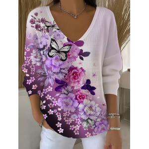 Women Floral Long Sleeve Tee T-shirt V Neck Printing Casual Spring/Fall Top