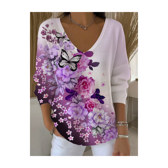 Women Floral Long Sleeve Tee T-shirt V Neck Printing Casual Spring/Fall Top