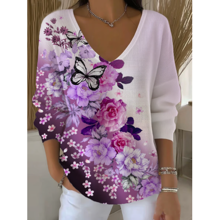 Women Floral Long Sleeve Tee T-shirt V Neck Printing Casual Spring/Fall Top