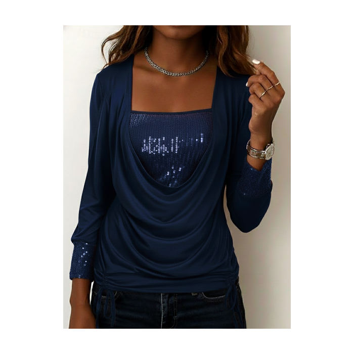 Women Plain Long Sleeve Tee T-shirt U-Neck Split Joint Vintage Spring/Fall Top