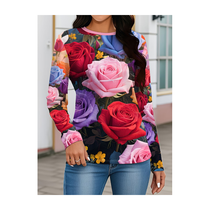 Women Floral Long Sleeve Tee T-shirt Crew Neck Printing Casual Graphic Tee Spring/Fall Top