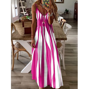 Women Abstract Stripes Sleeveless V Neck Printing Dress Daily Casual Maxi Slip Dress X-Line Summer Dress