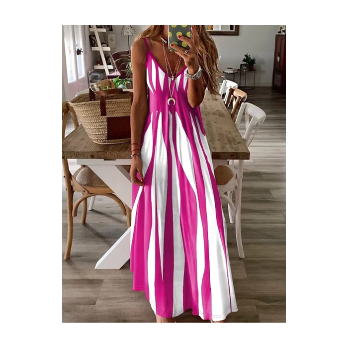 Women Abstract Stripes Sleeveless V Neck Printing Dress Daily Casual Maxi Slip Dress X-Line Summer Dress