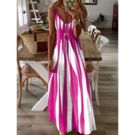 Women Abstract Stripes Sleeveless V Neck Printing Dress Daily Casual Maxi Slip Dress X-Line Summer Dress