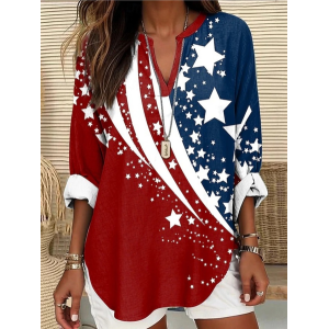 Women America Flag V Neck Long Sleeve Blouse Printing Casual Daily Spring/Fall Top