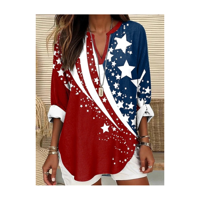 Women America Flag V Neck Long Sleeve Blouse Printing Casual Daily Spring/Fall Top