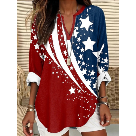 Women America Flag V Neck Long Sleeve Blouse Printing Casual Daily Spring/Fall Top