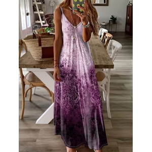 Women Abstract Sleeveless V Neck Printing Dress Daily Casual Maxi Slip Dress X-Line Summer Dress