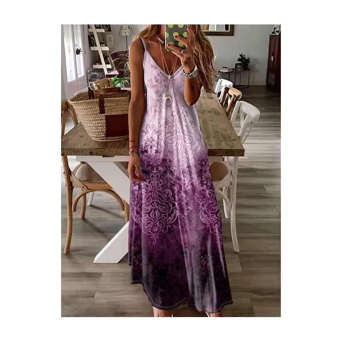 Women Abstract Sleeveless V Neck Printing Dress Daily Casual Maxi Slip Dress X-Line Summer Dress